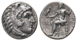 KINGS of MACEDON. Alexander III "the Great" 336-323 BC, Drachm, AR. Kolophon Obv : Head of Herakles right, wearing lion skin.
Rev : AΛEΞANΔPOY. Zeus ...