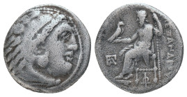 KINGS of MACEDON. Alexander III "the Great" 336-323 BC, Drachm, AR. Kolophon Obv : Head of Herakles right, wearing lion skin.
Rev : AΛEΞANΔPOY. Zeus ...