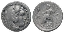 KINGS of MACEDON. Alexander III "the Great" 336-323 BC, Drachm, AR. Kolophon Obv : Head of Herakles right, wearing lion skin.
Rev : AΛEΞANΔPOY. Zeus ...