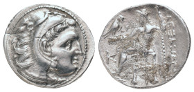 KINGS of MACEDON. Alexander III "the Great" 336-323 BC, Drachm, AR. Kolophon Obv : Head of Herakles right, wearing lion skin.
Rev : AΛEΞANΔPOY. Zeus ...