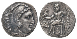KINGS of MACEDON. Alexander III "the Great" 336-323 BC, Drachm, AR. Lampsakos Obv : Head of Heracles right, wearing lion skin headdress, paws tied bef...