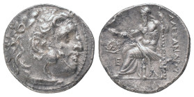 KINGS of MACEDON. Alexander III "the Great" 336-323 BC, Drachm, AR. Magnesia Obv : Head of Herakles right, wearing lion skin headdress
Rev : Zeus Aët...