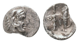 KINGS OF MACEDON. Alexander III 'the Great' (336-323 BC). AR. Obol. Babylon.
Obv: Head of Herakles right, wearing lion skin.
Rev: Club, bow and quiv...