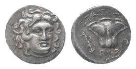 KINGS OF MACEDON. Perseus (179-168 BC). AR. Drachm. Stasion, magistrate.
Obv: Head of Helios facing slightly right.
Rev: ΣΤΑΣIΩΝ / P - O. Rose with ...