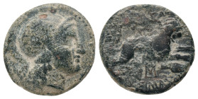 KINGS of THRACE. Lysimachos. (305-281 BC). AE. Uncertain.
Obv : Helmeted head of Athena right.
Rev : BAΣIΛΕΩΣ ΛYΣIΜΑΧΟΥ.
Lion leaping right; below,...