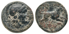 KINGS of THRACE. Lysimachos. (305-281 BC). AE. Uncertain.
Obv : Helmeted head of Athena right.
Rev : BAΣIΛΕΩΣ ΛYΣIΜΑΧΟΥ.
Lion leaping right; below,...