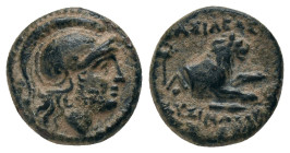 KINGS of THRACE.Lysimachos.(305-281 BC). AE.
Obv : Helmeted head of Athena right.
Rev : ΒΑΣΙΛΕΟΣ ΛΥΣΙΜΑΧΟΥ.
Forepart of a lion right, in left field...