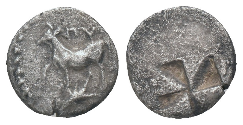 THRACE. Byzantion. (340-320 BC). Diobol.
Obv : ΠY. Bull standing left on dolphi...