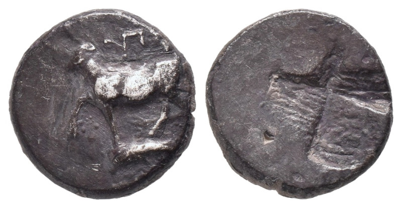 THRACE. Byzantion. (340-320 BC). Hemidrachm
Obv: ΠΥ. Bull standing left on dolp...