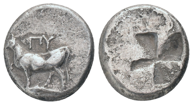 THRACE. Byzantion. (340-320 BC). Drachm
Obv: ΠΥ. Bull standing left on dolphin....
