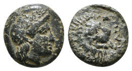 TROAS. Antandros.(4th-3rd centuries BC). AE.
Obv : Laureate head of Apollo right.
Rev : ANTAN. Lion's head right; grape bunch below.
SNG Ashmolean 104...