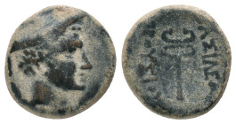KINGS OF BITHYNIA. Prusias II Kynegos (182-149 BC). AE. Nikomedeia.
Obv: Head of Hermes right, wearing petasos.
Rev: BAΣΙΛΕΩΣ / ΠΡΟΥΣΙΟΥ.
Kerykeion...