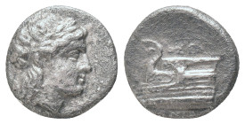 BITHYNIA. Kios. (350-300 BC). AR. Hemidrachm. Obv: Head of Apollo right, wearing laurel wreath; KIA below Rev: Prow of galley left, decorated with sta...