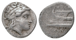 BITHYNIA. Kios. (350-300 BC). AR. Hemidrachm. Obv: Head of Apollo right, wearing laurel wreath; KIA below Rev: Prow of galley left, decorated with sta...