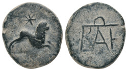 KINGS of BOSPOROS. Polemo I (14-9BC). AE.
Obv : Lion running right, star above.
Rev : Monogram of Polemo.
MacDonald 2A40. Condition : Good very fin...
