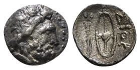 KINGS OF BOSPOROS. Leukon II. (240-220 BC). AR. Diobol. Pantikapaion, struck under the magistrate Dios.
Obv : Head of Zeus to right.
Rev : ΔIOC Sword ...