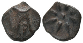 PONTUS. Amisos. (130-100 BC). AE. Time of Mithradates VI. Obv: Male head left, wearing Persian leather cap (bashlyk) Rev: Eight-rayed star, bow to lef...