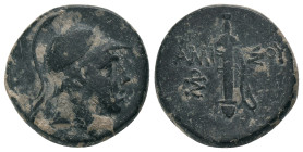 PONTOS. Amisos. (111-105 or 95-90 BC). Struck under Mithradates VI Eupator.
Obv: Helmeted head of Ares right.
Rev: AMI - ΣOV. Sword in sheath; monog...