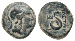 MYSIA. Pergamon. Attalos II Philadelphos (160-139 BC). AE.
Obv: Head of Athena in Attic helmet right.
Rev: ΦIΛETAIΡOΥ.
Serpent coiled right; monogr...