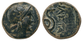 MYSIA. Pergamon. Attalos II Philadelphos (160-139 BC). AE.
Obv: Head of Athena in Attic helmet right.
Rev: ΦIΛETAIΡOΥ.
Serpent coiled right; monogr...