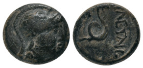 MYSIA. Pergamon. Attalos II Philadelphos (160-139 BC). AE.
Obv: Head of Athena in Attic helmet right.
Rev: ΦIΛETAIΡOΥ.
Serpent coiled right; monogr...