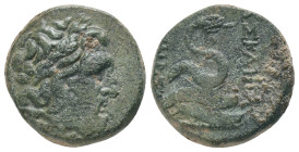MYSIA. Pergamon. (Mid-late 2nd century BC). AE Obv: Laureate head of Asklepios right.
Rev: ΑΣΚΛΕΠΙΟΥ / ΣΩΤΗΡΟΣ. Serpent coiled right around omphalos....