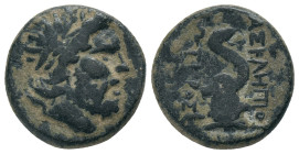 MYSIA. Pergamon. (Mid-late 2nd century BC). AE Obv: Laureate head of Asklepios right.
Rev: ΑΣΚΛΕΠΙΟΥ / ΣΩΤΗΡΟΣ. Serpent coiled right around omphalos....