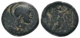 MYSIA. Pergamon. (Mid-late 2nd century BC). AE. Pergamos, magistrate.
Obv: EΠI ΠEPΓAMOY.
Helmeted head of Athena right; star on helmet.
Rev: ΠΕΡΓΑΜ...