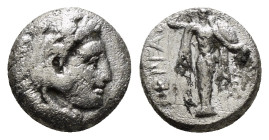 MYSIA. Pergamon. (310-282 BC). AR. Diobol
Obv: Head of Herakles right, wearing lion skin.
Rev: ΠΕΡΓΑMH.
Archaistic Palladion: facing statue of Pallas ...