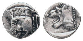 MYSIA. Kyzikos. (450-400 BC). AR. Hemiobol
Obv: Forepart of boar left; tunny to right.
Rev: Head of roaring lion left
SNG BN 380-4. Condition: Good...