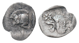 MYSIA. Kyzikos. (450-400 BC). AR. Hemiobol
Obv: Forepart of boar left; tunny to right.
Rev: Head of roaring lion left; star to upper left; all withi...