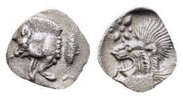 MYSIA. Kyzikos. (450-400 BC). AR. Hemiobol
Obv: Forepart of boar left; tunny to right.
Rev: Head of roaring lion left; star to upper left; all withi...