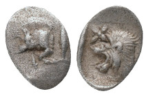MYSIA. Kyzikos. (450-400 BC). AR. Hemiobol
Obv: Forepart of boar left; tunny to right.
Rev: Head of roaring lion left; star to upper left; all withi...