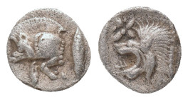 MYSIA. Kyzikos. (450-400 BC). AR. Hemiobol
Obv: Forepart of boar left; tunny to right.
Rev: Head of roaring lion left; star to upper left; all withi...