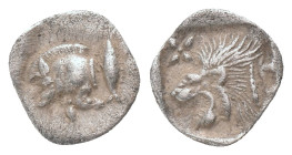 MYSIA. Kyzikos. (450-400 BC). AR. Hemiobol
Obv: Forepart of boar left; tunny to right.
Rev: Head of roaring lion left; star to upper left; all withi...