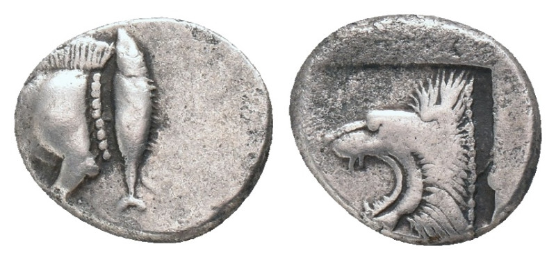 MYSIA. Kyzikos. (450-400 BC). AR. Obol
Obv: Forepart of boar left; tunny to rig...