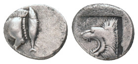 MYSIA. Kyzikos. (450-400 BC). AR. Obol
Obv: Forepart of boar left; tunny to right.
Rev: Head of roaring lion left
SNG BN 380-4. Condition: Good ver...