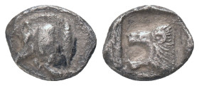 MYSIA. Kyzikos. (450-400 BC). AR. Obol
Obv: Forepart of boar left; tunny to right.
Rev: Head of roaring lion left
SNG BN 380-4. Condition: Good ver...