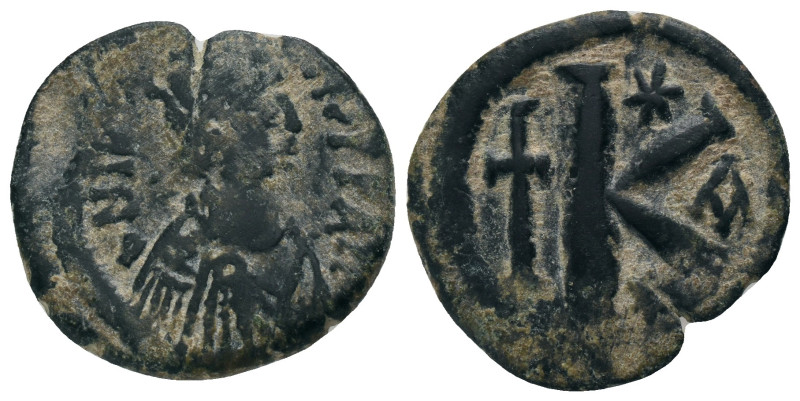 JUSTIN I (518-527). Half Follis. Cyzicus. Obv: D N IVSTINVS P P AVG. Diademed, d...