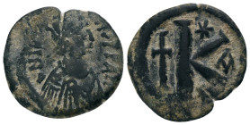 JUSTIN I (518-527). Half Follis. Cyzicus. Obv: D N IVSTINVS P P AVG. Diademed, draped and cuirassed bust right. Rev: Large K; to left, cross between K...
