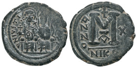 JUSTIN II and SOPHIA.(565-578).Nicomedia.Follis.
Obv : D N IVSTINVS P P AVG.
Justin II on left, Sophia on right, seated facing on double-throne, bot...