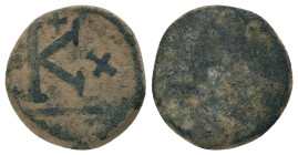 JUSTIN II with SOPHIA.(565-578).Carthage.Half Follis.
Obv : Facing busts of Justin, helmeted and cuirassed, and Sophia, crowned and draped; cross bet...