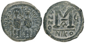 JUSTIN II and SOPHIA.(565-578).Nicomedia.Follis.
Obv : D N IVSTINVS P P AVG.
Justin II on left, Sophia on right, seated facing on double-throne, bot...