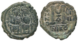 JUSTIN II and SOPHIA.(565-578).Nicomedia.Follis.
Obv : D N IVSTINVS P P AVG.
Justin II on left, Sophia on right, seated facing on double-throne, bot...