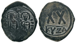 PHOCAS (602-610). Follis. Cyzicus. Dated RY 1 (602/3). Obv: Phocas, holding globus cruciger, and Leontia, holding cruciform sceptre, standing facing. ...