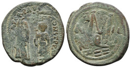 HERACLIUS, with HERACLIUS CONSTANTINE (610-641). Follis. Constantinople.
Obv: Heraclius and Heraclius Constantine standing facing, each crowned and h...