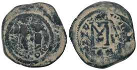 HERACLIUS, with HERACLIUS CONSTANTINE (610-641). Follis. Constantinople.
Obv: Heraclius and Heraclius Constantine standing facing, each crowned and h...