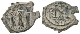 HERACLIUS with MARTINA and HERACLIUS CONSTANTINE (610-641).Nicomedia. Follis.
Obv : Heraclius, in centre, flanked by Martina, on left, and Heraclius ...