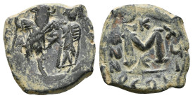 CONSTANS II with CONSTANTINE IV.641-678 AD.Constantinopolis mint.AE Follis.Constans, holding long cross, and Constantine IV, holding globus cruciger, ...