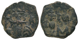 CONSTANS II with CONSTANTINE IV HERACLIUS and TIBERIUS.(641-668).Constantinople.Follis.
Obv: Helmeted bust of Constans facing, holding globus crucige...